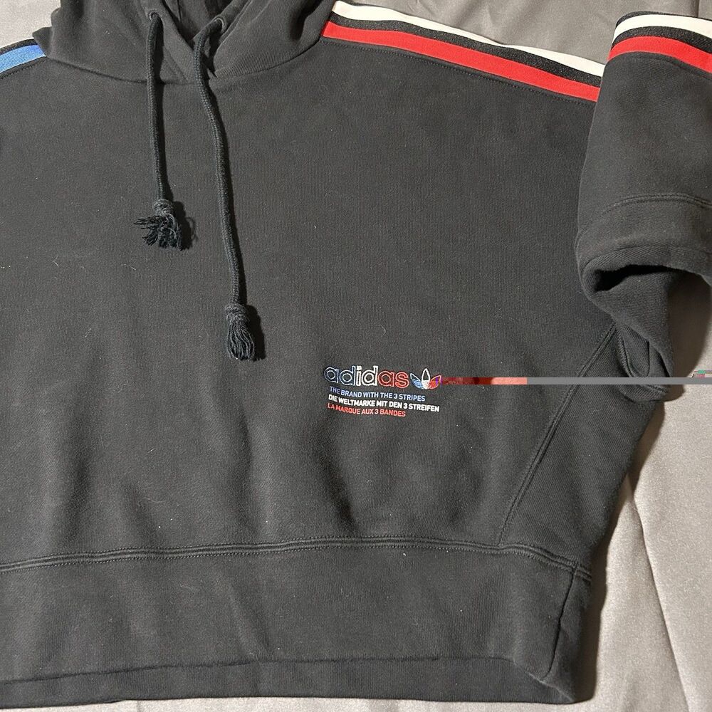 Adidas Originals Trefoil Crop Hoodie Black Red Blue Stripe Trim Women’s Size M - Picture 3 of 7